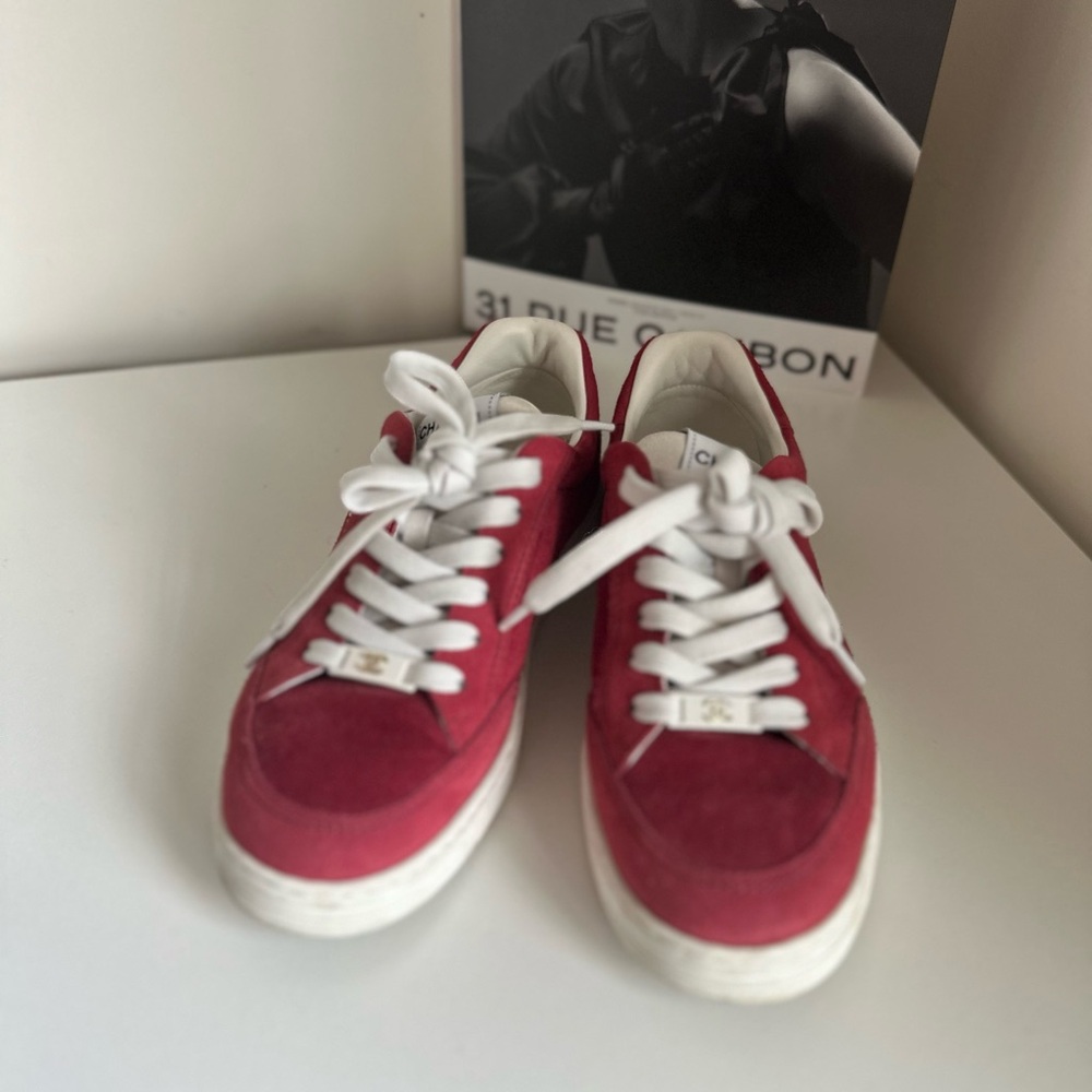 Chanel Red Suede Sneakers with White Laces